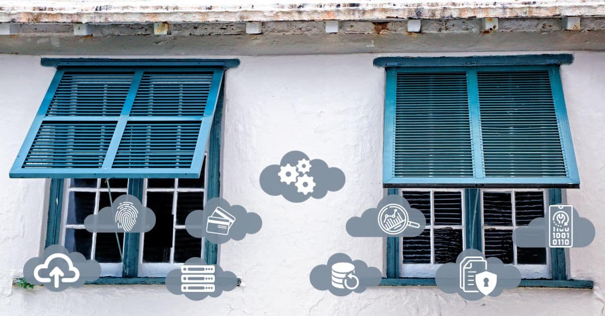 Storm shutters with data privacy icons in clouds